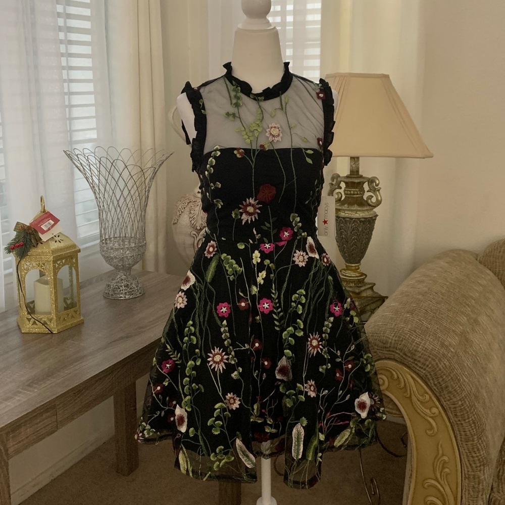 City Studio Black Floral Embroidered Mini Dress